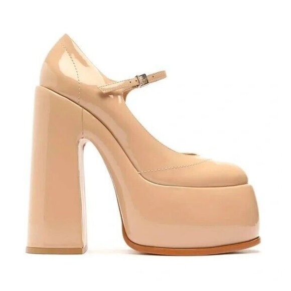 SCHUTZ Zayne Mary Jane Heels Size 7.5 Platform Chunky Pump Patent Pressego Tan - Picture 3 of 16